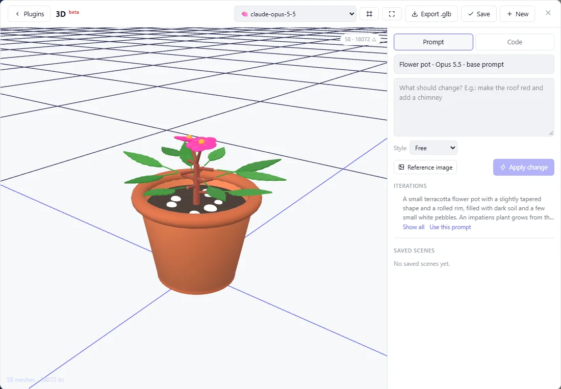 The HydraOps 3D plugin: a terracotta flower pot rendered in the canvas, with the prompt, style and iterations panel on the right