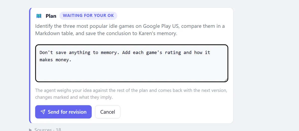 The plan card with a text box that reads "Don't save anything to memory. Add each game's rating and how it makes money."