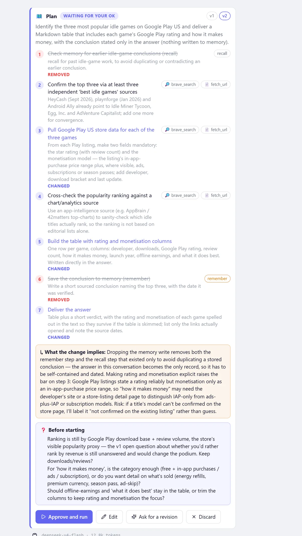 The second version of the plan: two steps struck through and marked removed, four marked changed, and an orange box titled "What the change implies"
